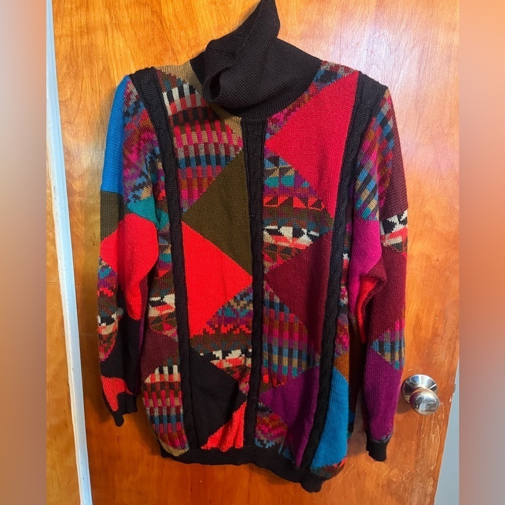 CHOMPAS 100% Alpaca Handloomed Turtle Neck Cable Knit Sweater Geometric M VEUC *